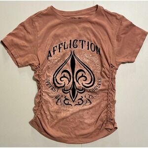 VTG‎ Y2K Affliction Womens Graphic Tee Dusty Rose Braided Ruched Side Spade S